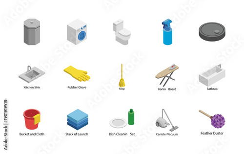 Isometric home cleaning and household chore icon set featuring laundry, bathroom fixtures, and sanitation tools in a modern 3D style.
