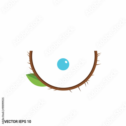 A cartoon eye with a blue iris and a leaf under the eyelashes