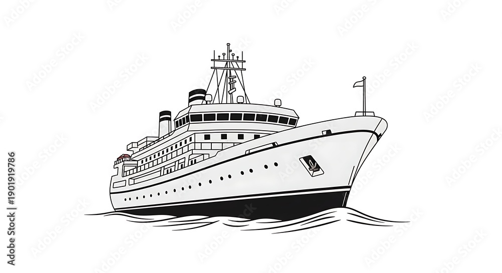 Fototapeta premium Black and white line art illustration of a cruise ship sailing on water