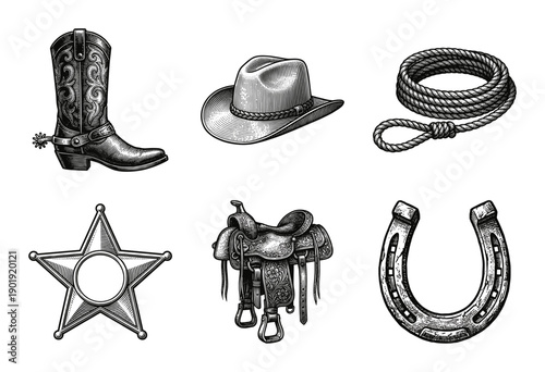Vintage cowboy and western equipment set featuring hand drawn engraved illustrations of boots hat lasso badge saddle and horseshoe.