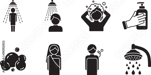 Illustrations of various activities and objects related to personal hygiene and self-care