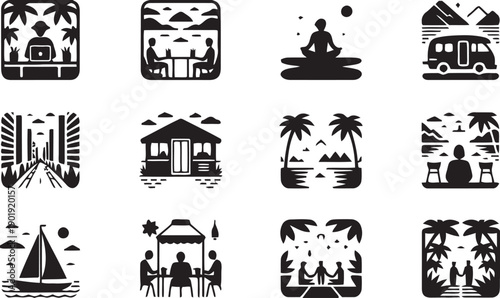 Travel and lifestyle icons set, featuring vacation destinations, remote work setups, and leisure activities like sailing and camping for holidays and tourism