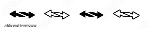 Two arrows pointing in opposite directions with intertwined middle section. Represents exchange, swap, reverse, back and forth movement, or bidirectional flow. Solid and outlined versions in black.