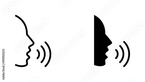 Two different styles of talking or speaking person icons, one outline and one solid silhouette, with sound wave symbols indicating voice or communication.