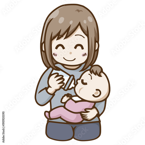 笑顔で授乳する母親と赤ちゃん｜Smiling mother bottle feeding baby – happy parenting concept