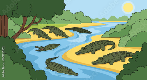Group of green cartoon crocodiles resting on a sandy riverbank and swimming in the water of a sunny jungle landscape in a flat vector illustration style
