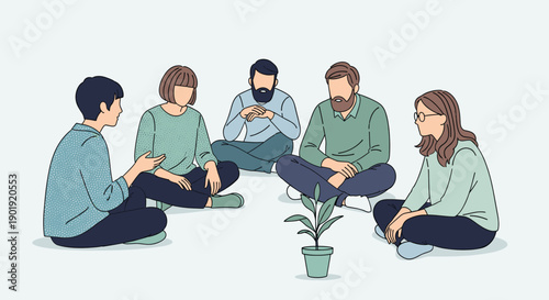 Diverse group of five people sitting on the floor in a circle for a support meeting or group therapy session, a minimalist vector illustration with a calm and collaborative mood