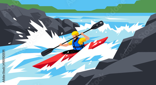 Kayaker in a red boat navigating dangerous whitewater rapids with a paddle, wearing a helmet and life vest in a flat vector illustration style