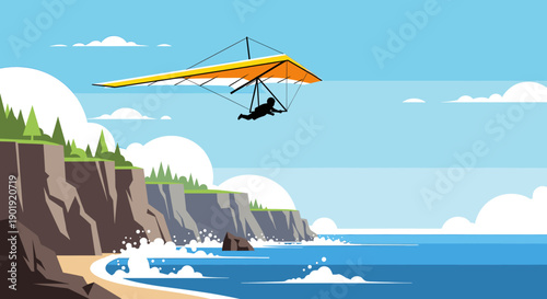 Yellow and orange hang glider with a person's silhouette flying high above a scenic ocean coastline with rocky cliffs, a sandy beach, and a clear blue sky