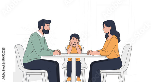 Mother, father, and their young son sitting together at a dining table for a family discussion, depicted in a clean, minimalist flat vector illustration style