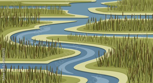 Tranquil marsh landscape with a winding blue river, green cattails, and reeds in a minimalist flat vector art style, representing a serene wetland or swamp ecosystem
