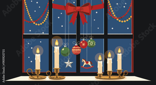 Burning candles in brass holders on a windowsill decorated with festive ornaments, a red bow, and garlands for a traditional and cozy Christmas Eve