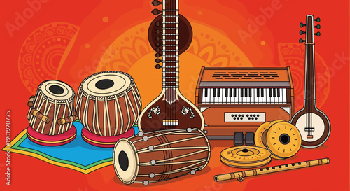 Collection of traditional Indian musical instruments like the sitar, tabla, harmonium, and flute, illustrated in a vibrant, flat vector style on a decorative orange background