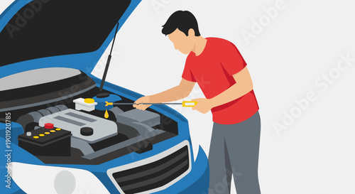 Faceless man in a red shirt checking the engine oil level of a blue car with a dipstick, a flat vector illustration of vehicle maintenance with copy space