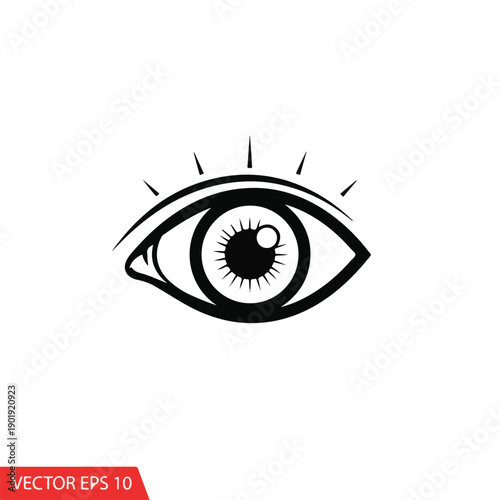 A black and white illustration of a stylized human eye