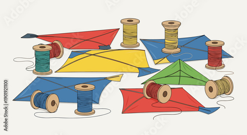 Colorful hand-drawn kites and spools of string are scattered in a playful arrangement in this charming illustration, evoking childhood fun and summer hobbies on a light background