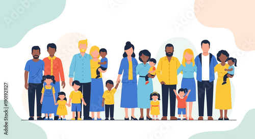 Flat Diverse Multiethnic Family Group with Children and Parents Illustration