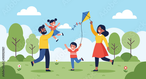 Flat Illustration Family Playing with Kite in the Green Park Together
