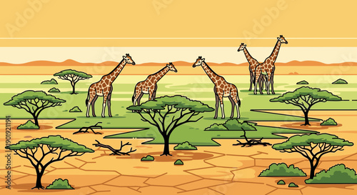 Group of illustrated giraffes standing together in a vast African savanna landscape with acacia trees, dry cracked earth, and a warm orange sky during a beautiful sunset
