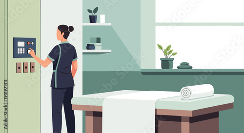 Female massage therapist in a dark uniform prepares equipment by adjusting a control panel in a calm and modern spa room with a treatment table