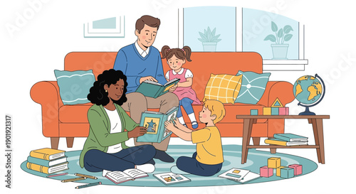 Colorful Flat Illustration of Happy Family Reading Book Together at Home