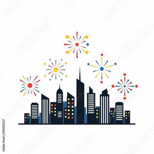City Skyline with Fireworks Display.