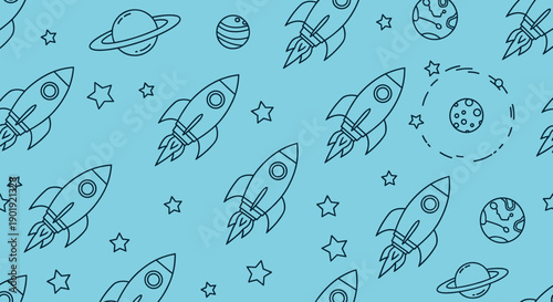 Seamless space pattern with cartoon rockets and planets in a simple black line art style on a light blue background, a cute cosmic illustration for kids' textile or wallpaper