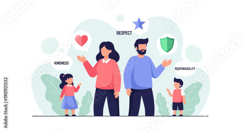 Flat Illustration Happy Family Values with Respect Kindness Responsibility Concept