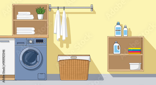 Cartoon illustration of a laundry room with a washing machine, wicker basket, shelves, and detergent in a clean and organized domestic interior with yellow walls