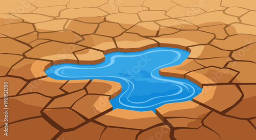 Small puddle of blue water appearing in the middle of dry, cracked desert ground, a vector illustration representing drought, climate change, and a symbol of hope