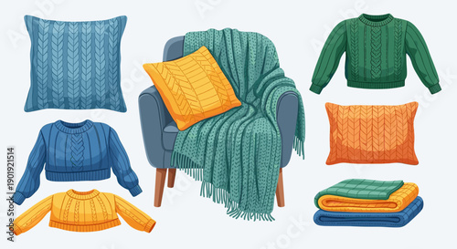 Collection of cozy knitted home decor and apparel items like sweaters, pillows, and blankets, including an armchair with a throw, isolated on a white background