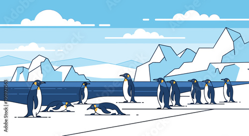 Illustrated emperor penguin colony on an ice floe in a minimalist flat vector style with an arctic landscape of icebergs and ocean in the background
