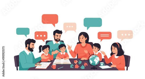 Flat Illustration Happy Family Studying and Learning Together at Table Illustration