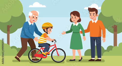 Caring grandfather teaching his young grandson how to ride a bicycle for the first time with his loving parents watching proudly in a summer park illustration