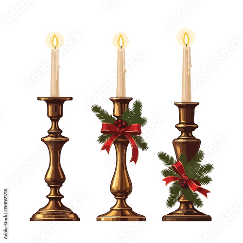 Three Golden Candlesticks with Lit Candles.