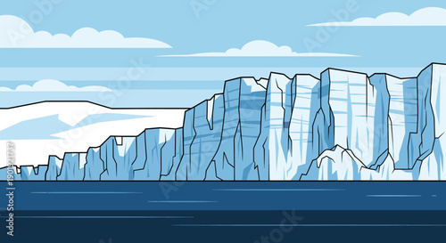 Vast arctic glacier ice cliff illustration with a sheer frozen wall rising from the deep blue ocean under a cloudy sky, a simple flat vector cartoon landscape