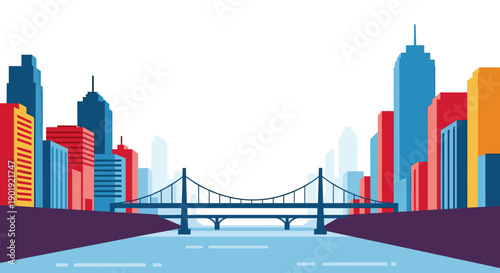 Vibrant modern cityscape illustration with colorful skyscrapers and a central bridge crossing a river, depicted in a clean flat design style on a white background