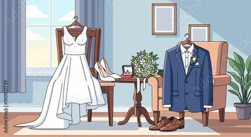 White wedding dress and blue groom's suit are prepared for a marriage ceremony in a bright room with rings, shoes, and a floral bouquet