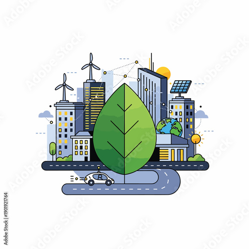 A green leaf in a city with eco-friendly technology