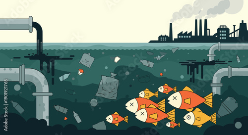 Environmental pollution concept illustration showing dead fish swimming in toxic water with plastic waste and industrial pipes from a factory in the background