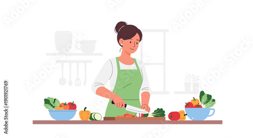 Happy young woman in a green apron chopping fresh vegetables on a wooden cutting board in a modern kitchen, a concept for healthy eating and home cooking, isolated on white