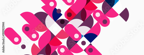 Abstract geometric pattern. Circles, ovals overlap creating vibrant composition. Pink, purple hues dominate white background. Modern design.
