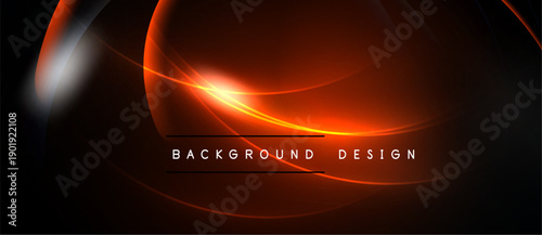 Abstract design features vibrant orange curves, light flares. Dark background creates dramatic visual impact. Text reads background design.