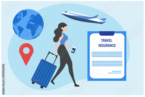 Travel insurance concept. Travel insurance policy with airplane, luggage and protection shield on smartphone vector illustration
