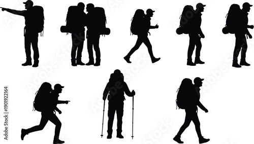 Vector silhouettes of diverse college students walking and active hikers trekking with backpacks, perfect for education, adventure, travel, and outdoor lifestyle concepts.