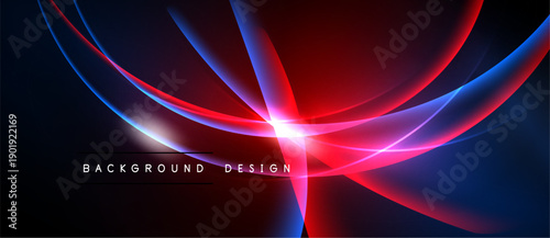 Abstract design features vibrant blue, red light streaks. Dark background emphasizes glowing curves, central burst. Modern, dynamic composition.