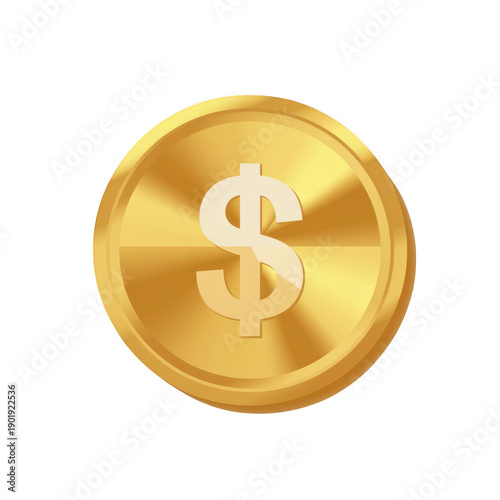 Shiny gold dollar coin icon, representing currency and wealth, isolated on transparent background.