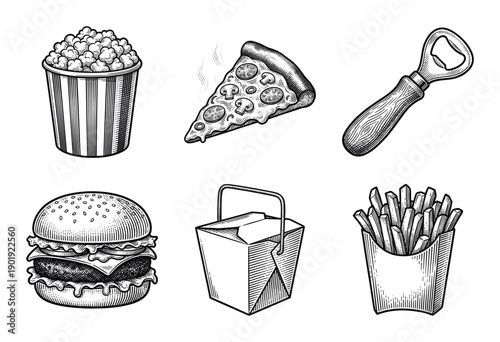 Vintage woodcut style fast food and snack icons featuring burger pizza popcorn fries and takeout container in hand drawn engraved line art.