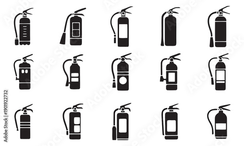 Variety of black silhouette fire extinguishers in different models and sizes, representing safety equipment and emergency response tools for industrial or public spaces