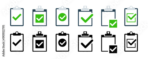 Variety of checklist clipboard icons with checkmarks in green and black colors showcasing completion tasks and confirmations with different styles and presentations on white background